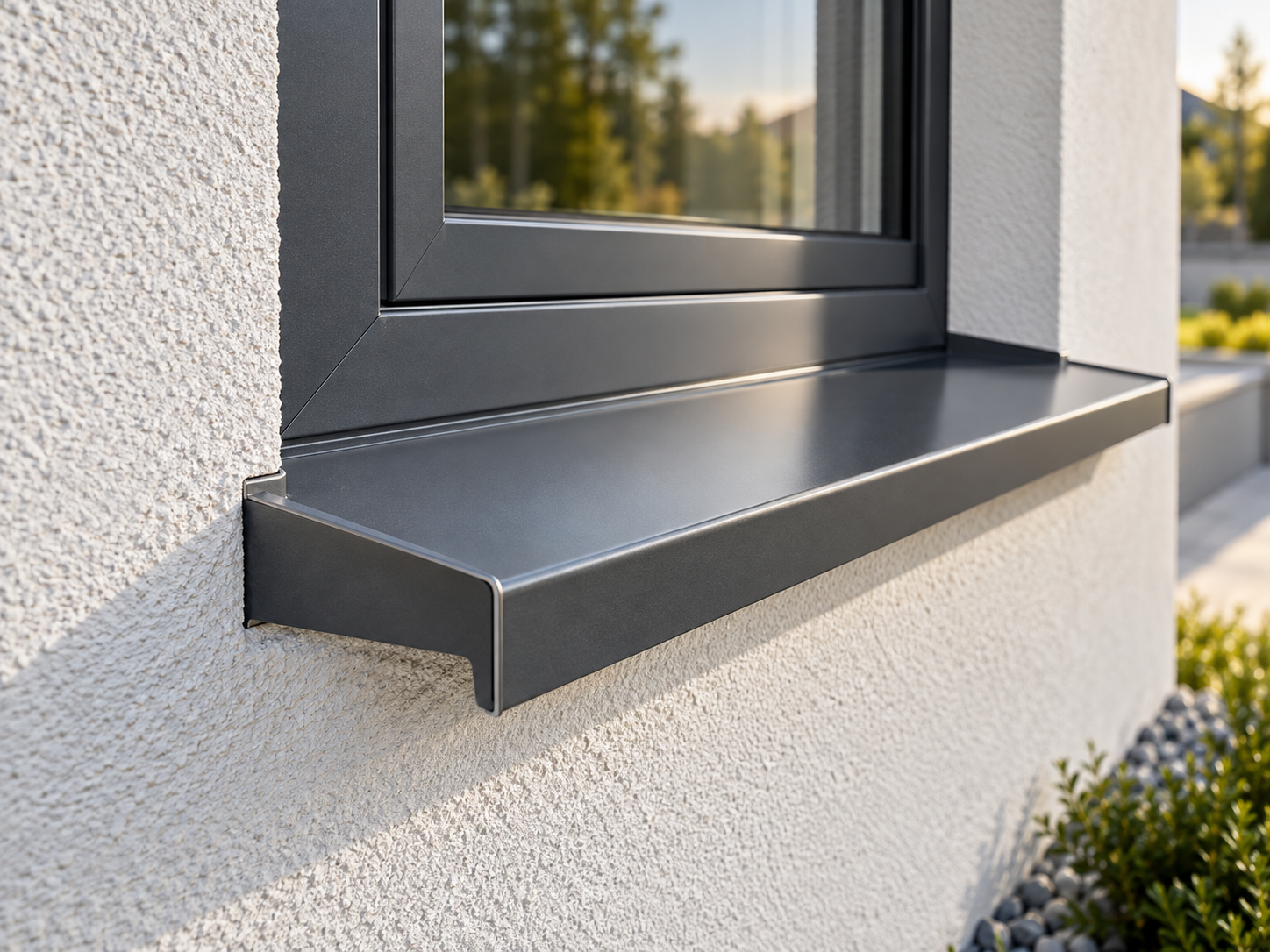 Detaliu lateral al unui glaf metalic exterior antracit, montat la o fereastră modernă